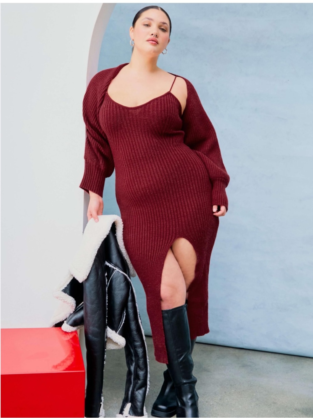 CIDER Plus Size 1X Sweater Dress for Women Long Sleeve Midi Dress Slit